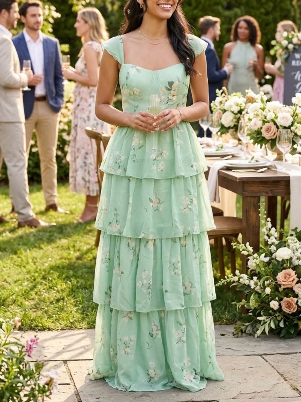 Tiered Floral Maxi Dress in Mint Green